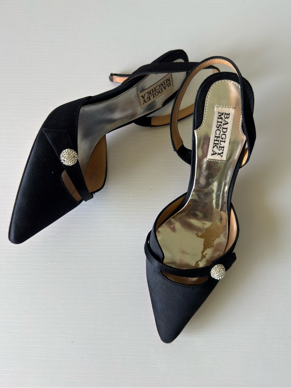 Badgley Mischka black satin slingback heels